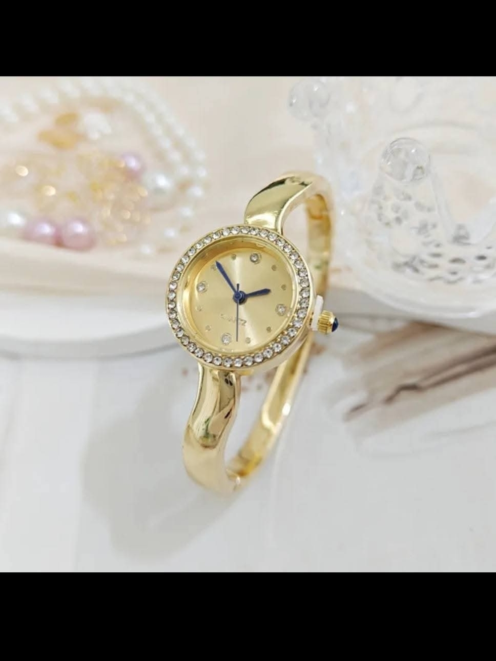 Vintage Gold Tone Rhinestone Bangle Watch